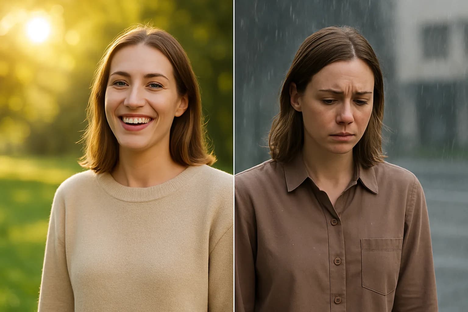 Side-by-side portraits of the same woman: smiling in warm sunlight on the left, downcast in grey rain on the right