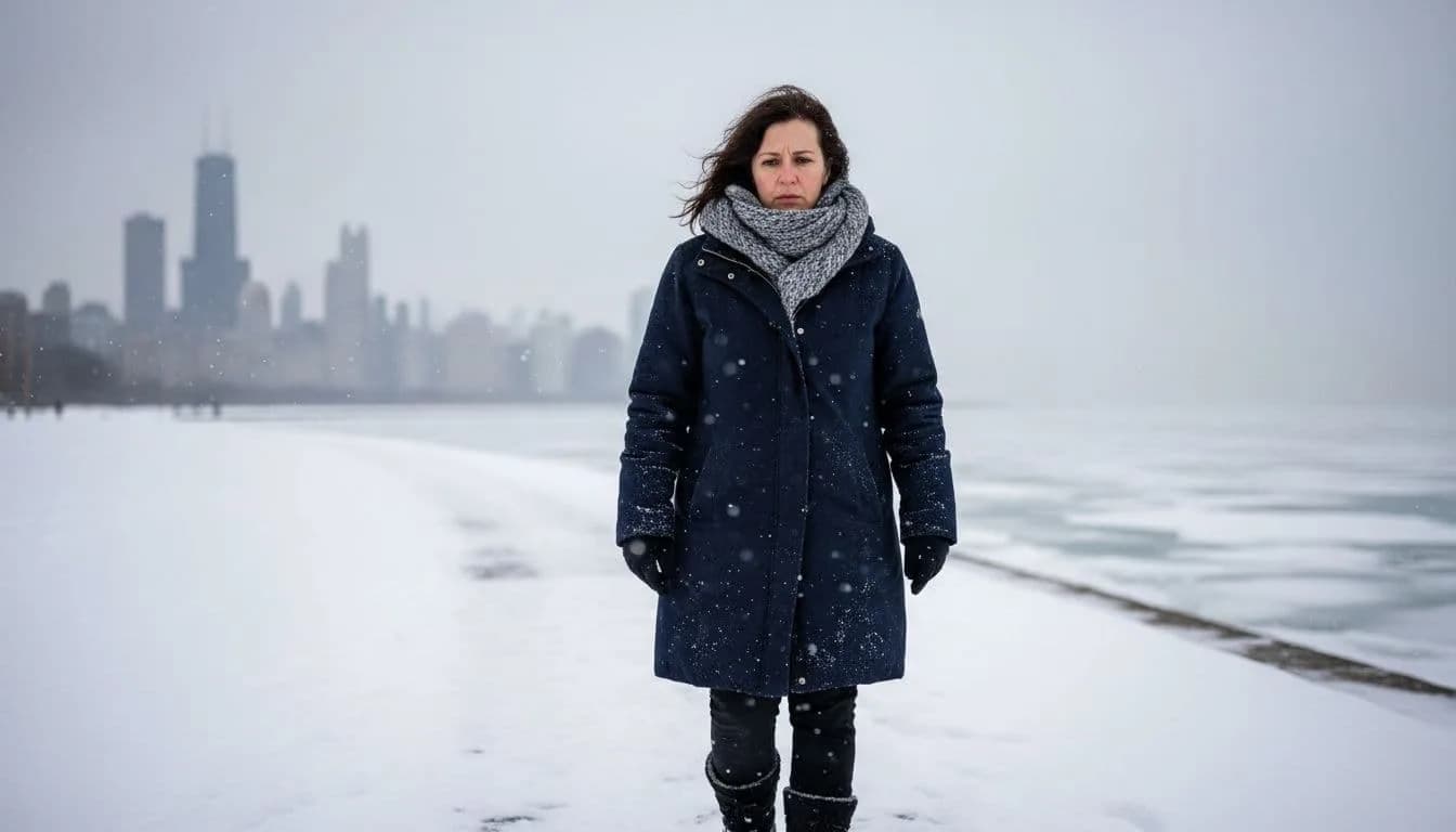 A woman in a winter coat and scarf standing alone on a snow-covered Chicago lakefront path, the skyline faint behind her