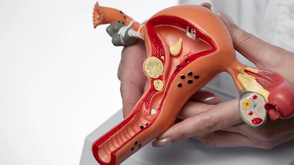 Hands holding an anatomical model of a uterus cut in cross-section, showing fibroids and cysts in the wall and an ovary at the side