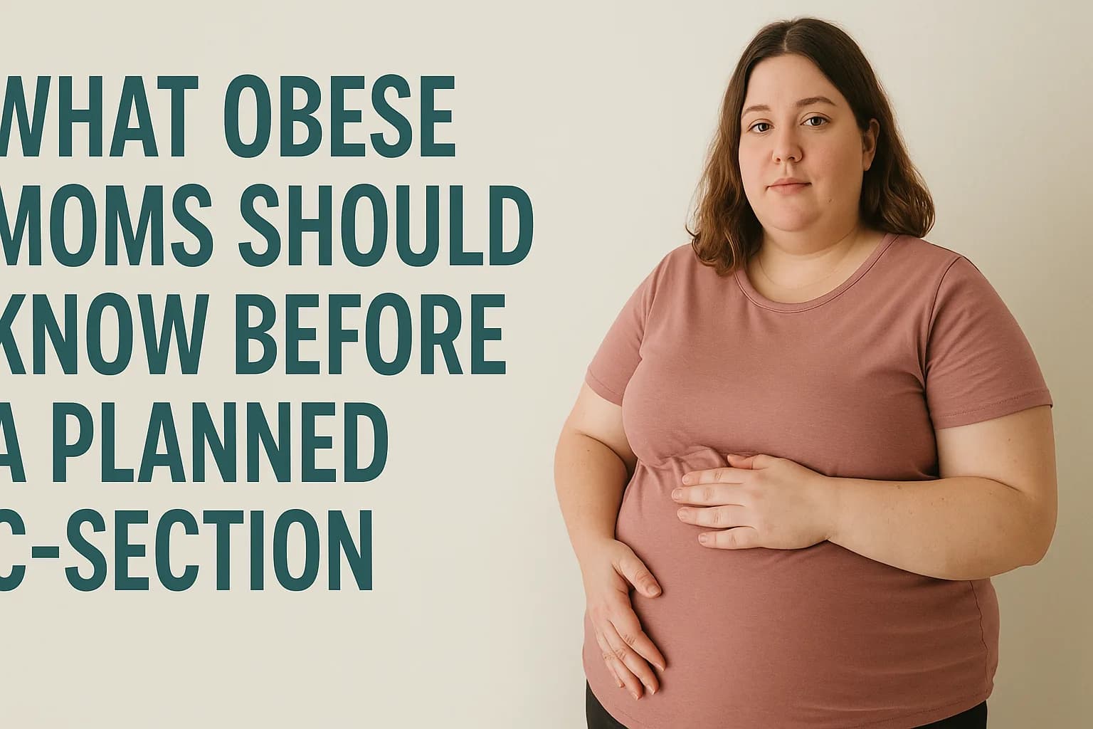 Title card reading "What obese moms should know before a planned c-section", beside a plus-size woman in a pink T-shirt resting a hand on her abdomen